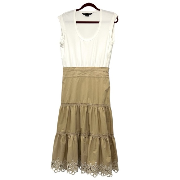 Veronica Beard Jeans Amaia Tiered Eyelet White Tan Combo Midi Dress Medium - Picture 5 of 13